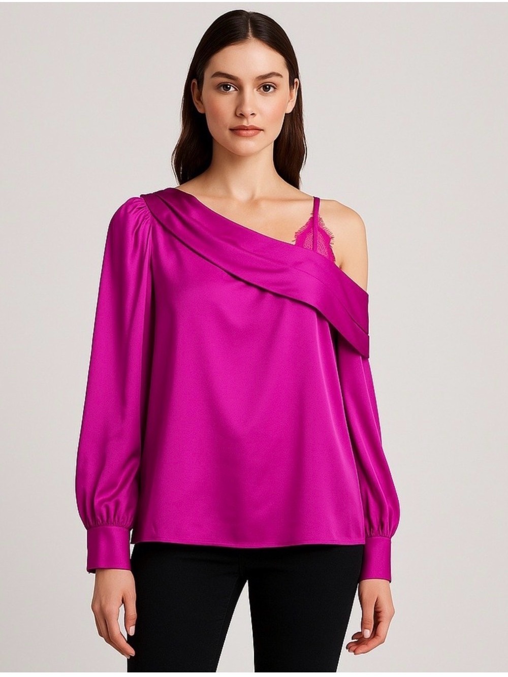 INC International Concepts Fuchsia One-Shoulder Satin-Look Top